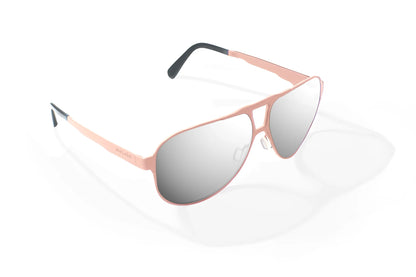 Bajio Clink Sunglasses - Angled View, Taupe Matte Frame with Silver Mirror Lens