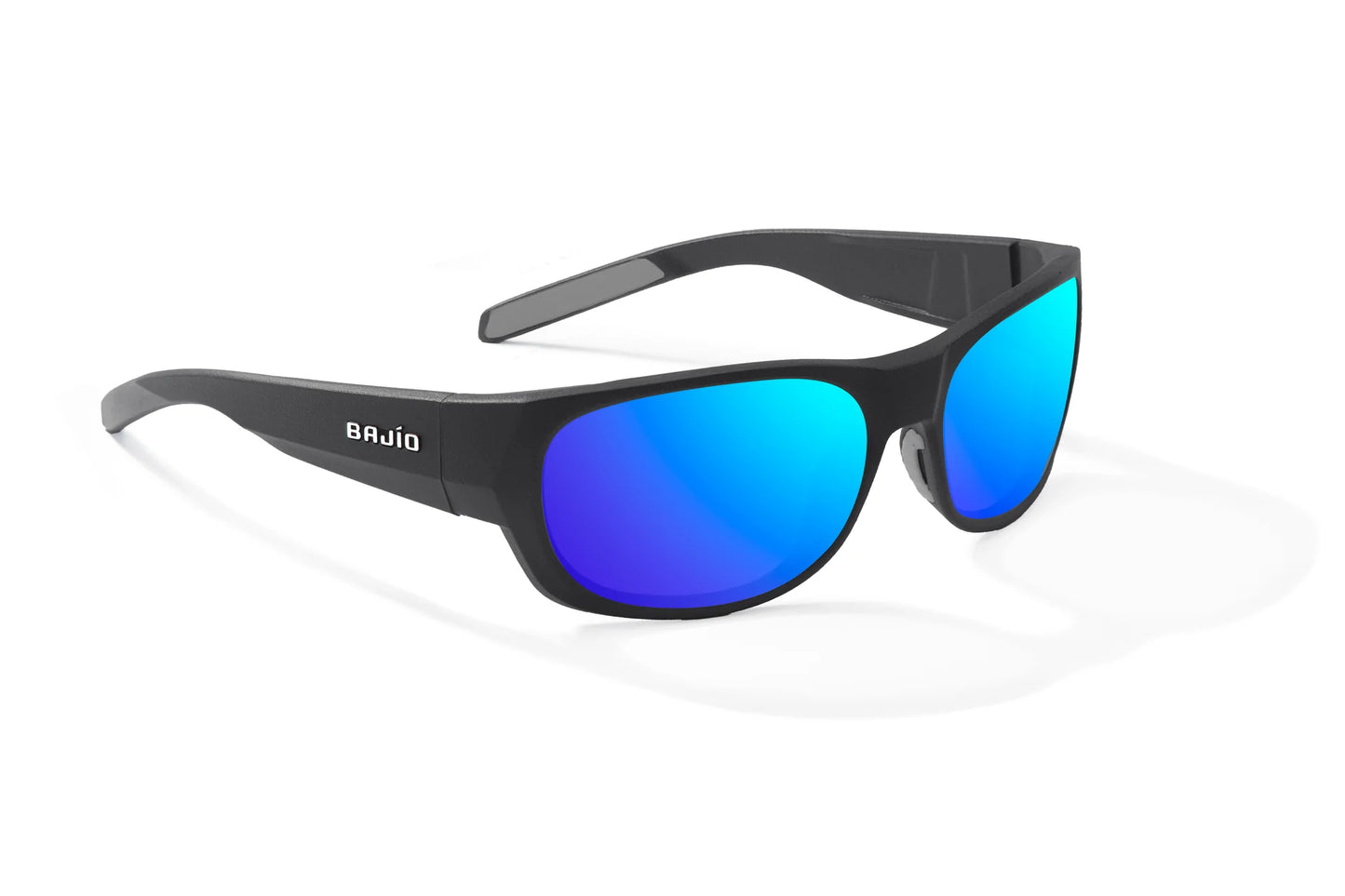Bajio Darien Sunglasses - Angled View, Black Matte Frame with Blue Mirror Lens