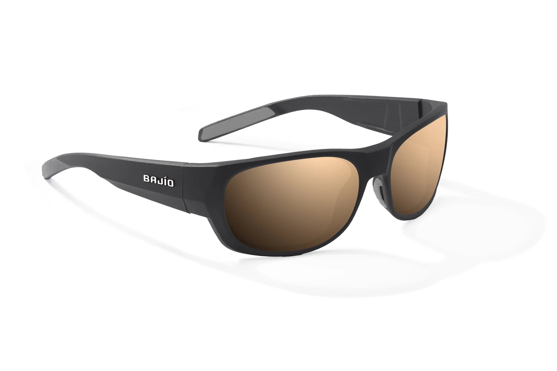 Bajio Darien Sunglasses - Angled View, Black Matte Frame with Copper Lens