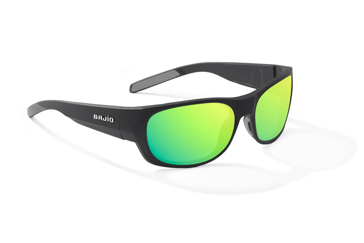 Bajio Darien Sunglasses - Angled View, Black Matte Frame with Green Mirror Lens