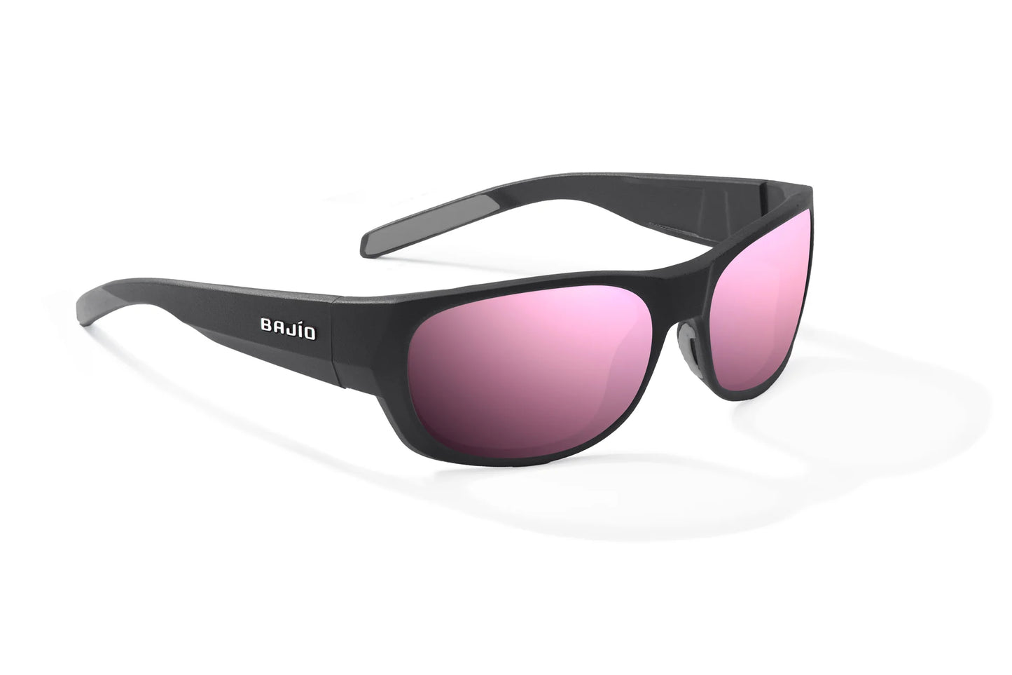 Bajio Darien Sunglasses - Angled View, Black Matte Frame with Rose Mirror Lens