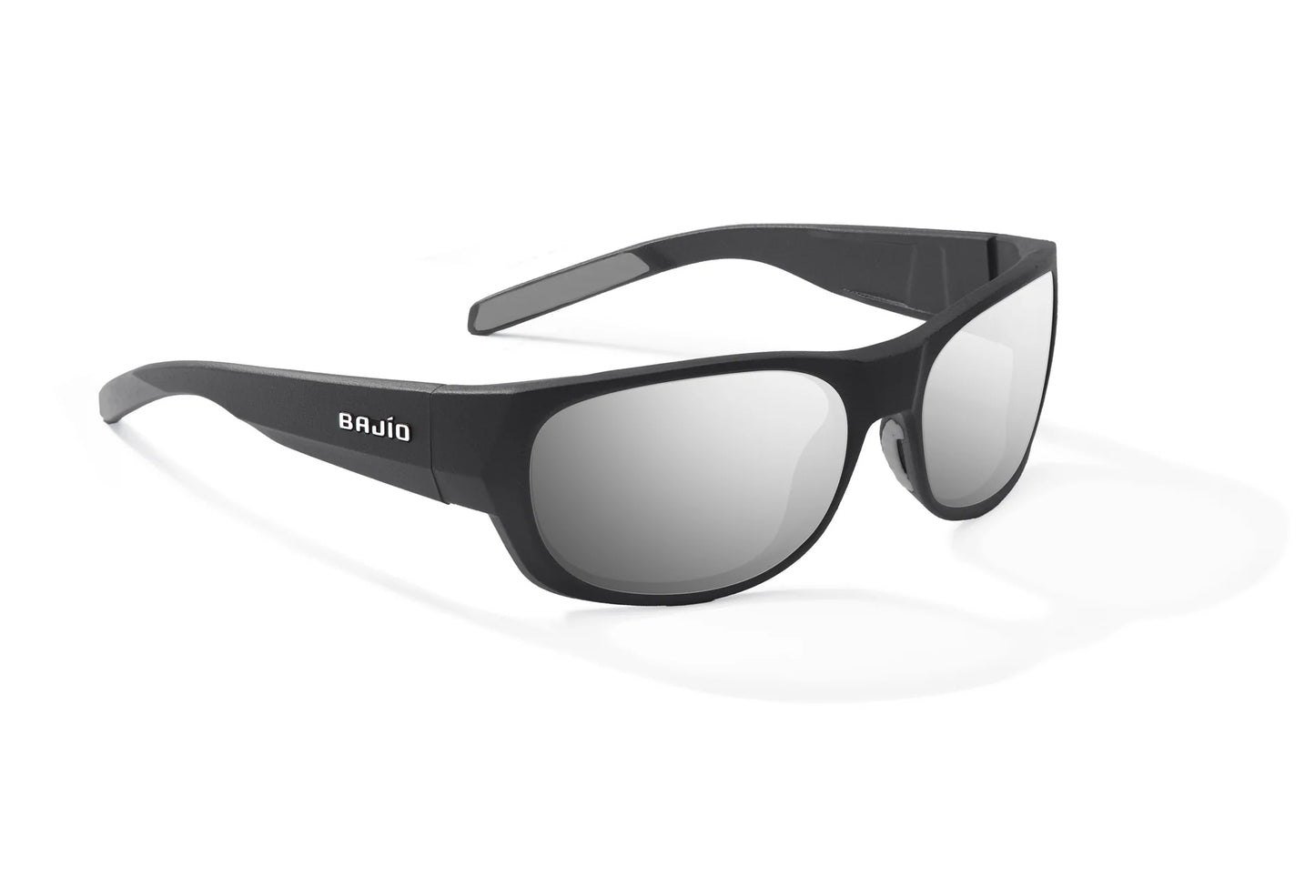 Bajio Darien Sunglasses - Angled View, Black Matte Frame with Silver Mirror Lens