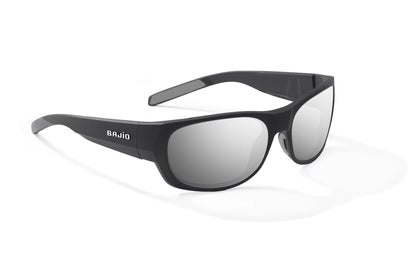 Bajio Darien Sunglasses - Angled View, Black Matte Frame with Silver Mirror Lens