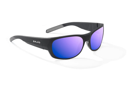 Bajio Darien Sunglasses - Angled View, Black Matte Frame with Violet Mirror Lens