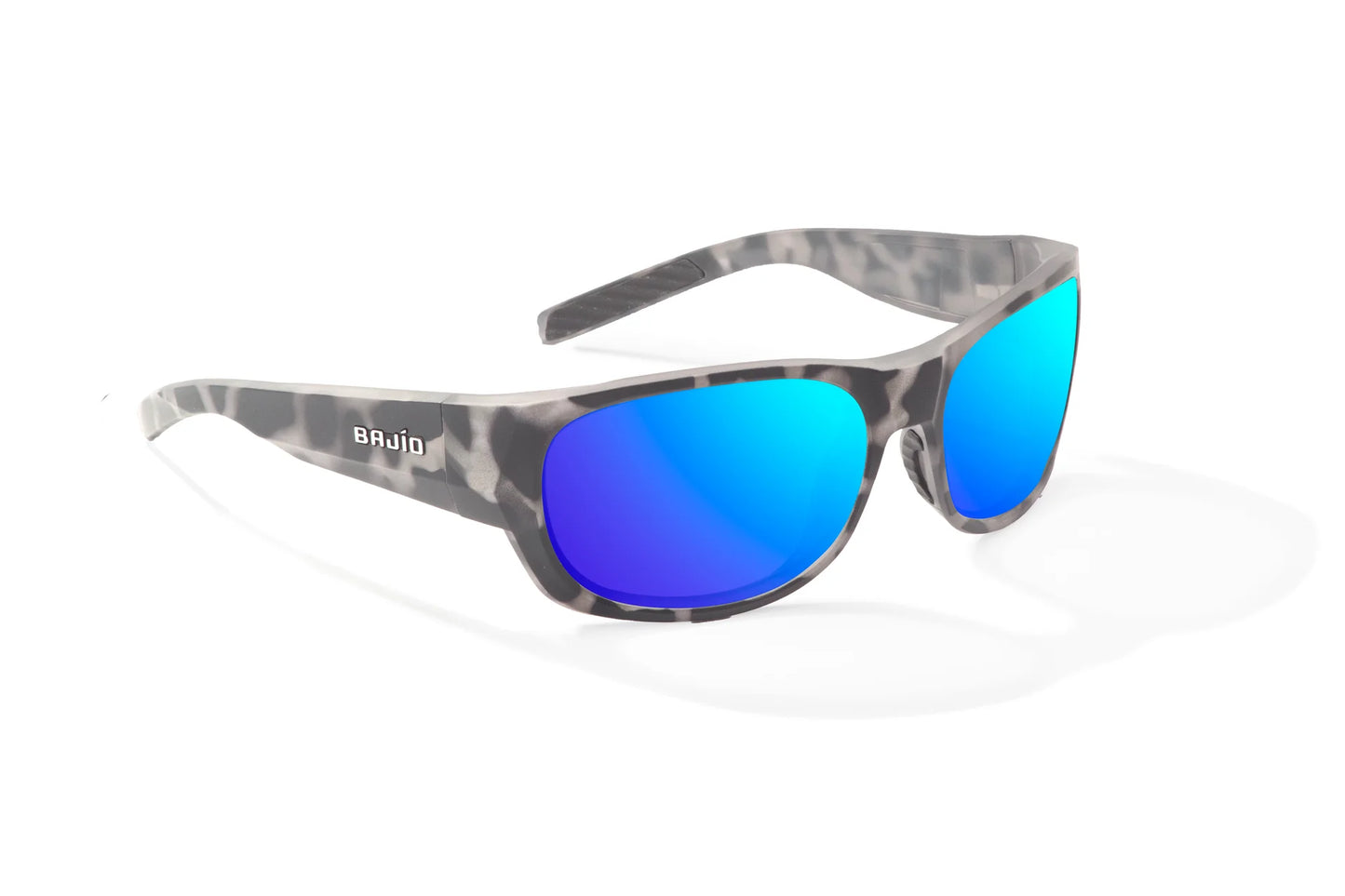 Bajio Darien Sunglasses - Angled View, Brown Rock Matte Frame with Blue Mirror Lens