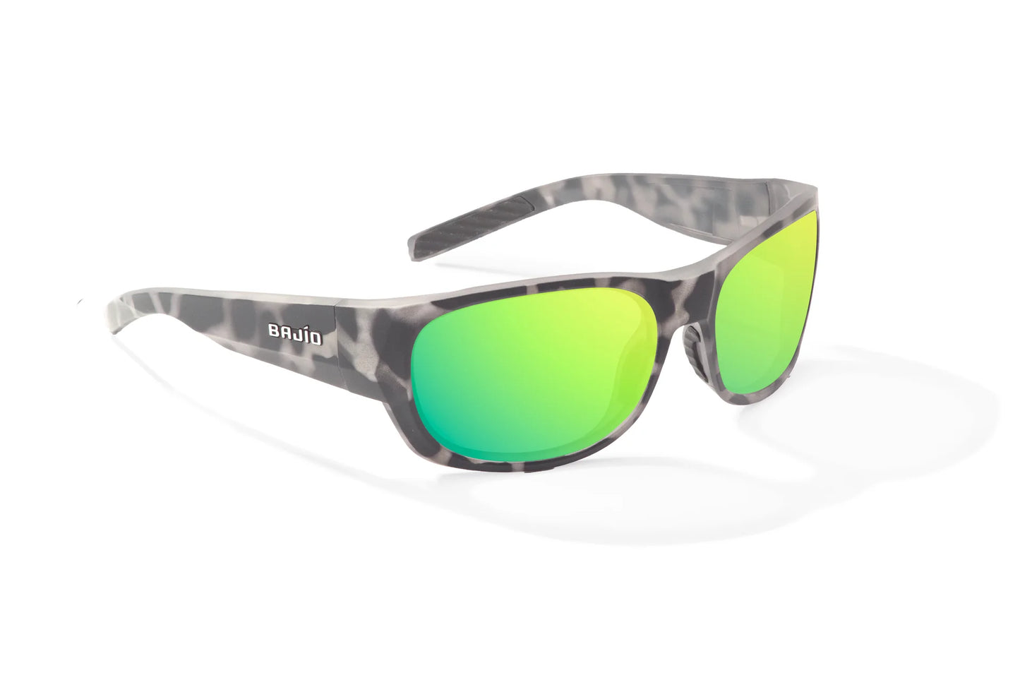 Bajio Darien Sunglasses - Angled View, Brown Rock Matte Frame with Green Mirror Lens