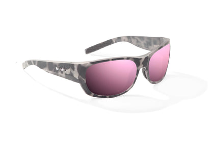 Bajio Darien Sunglasses - Angled View, Brown Rock Matte Frame with Rose Mirror Lens