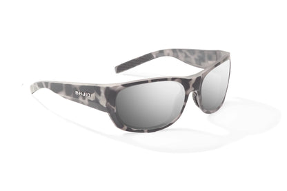 Bajio Darien Sunglasses - Angled View, Brown Rock Matte Frame with Silver Mirror Lens