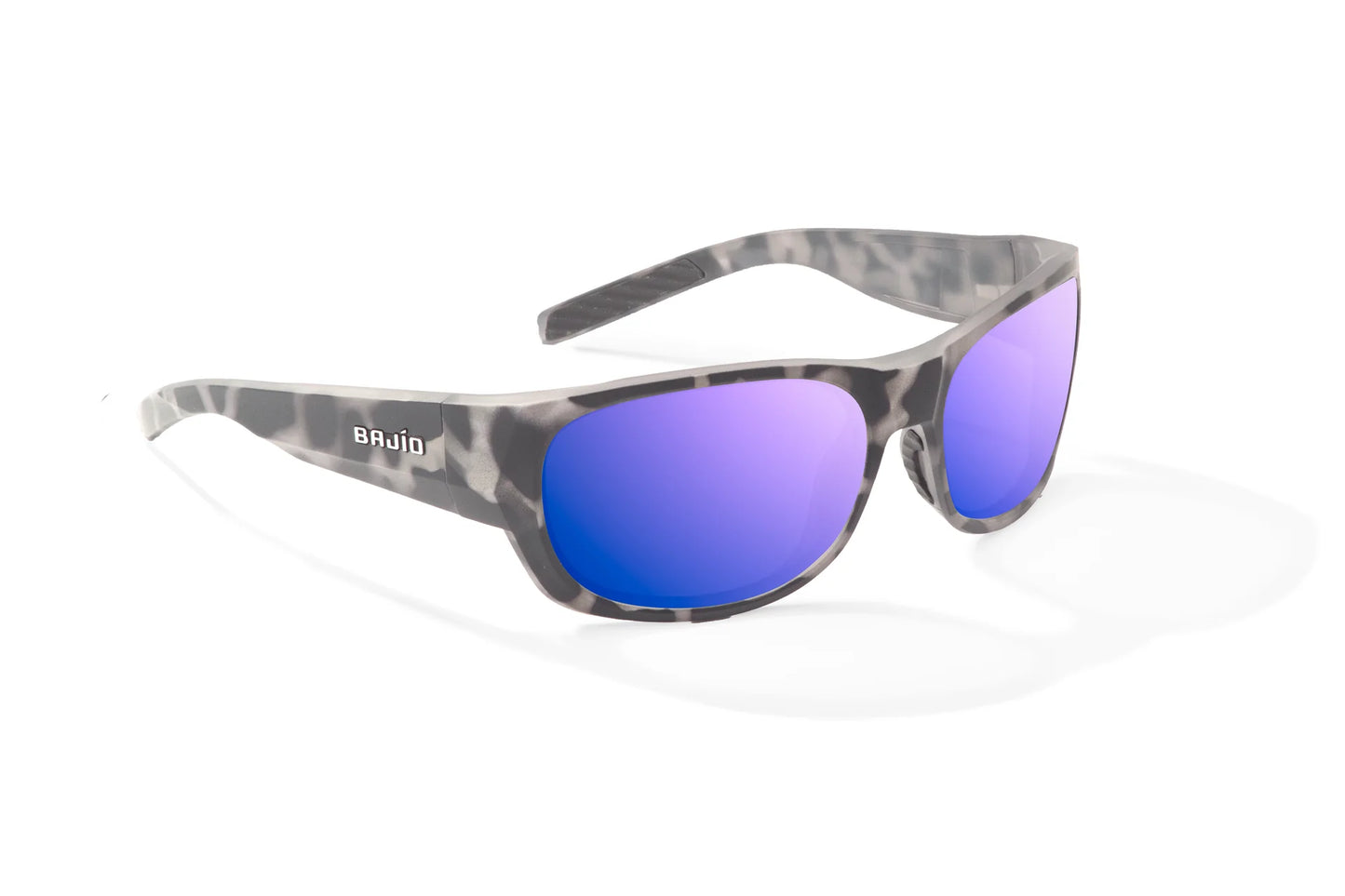 Bajio Darien Sunglasses - Angled View, Brown Rock Matte Frame with Violet Mirror Lens