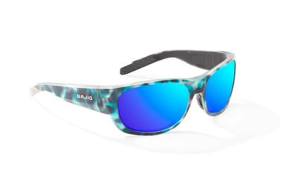 Bajio Darien Sunglasses - Angled View, Light Blue Water Matte Frame with Blue Mirror Lens