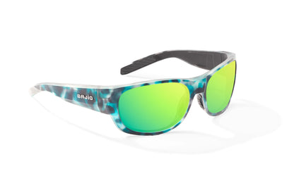 Bajio Darien Sunglasses - Angled View, Light Blue Water Matte Frame with Green Mirror Lens