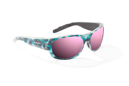 Bajio Darien Sunglasses - Angled View, Light Blue Water Matte Frame with Rose Mirror Lens