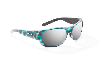 Bajio Darien Sunglasses - Angled View, Light Blue Water Matte Frame with Silver Mirror Lens
