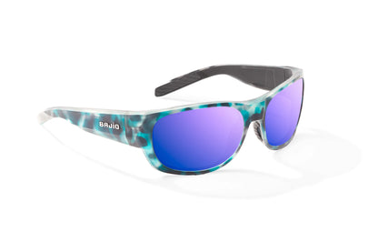 Bajio Darien Sunglasses - Angled View, Light Blue Water Matte Frame with Violet Mirror Lens