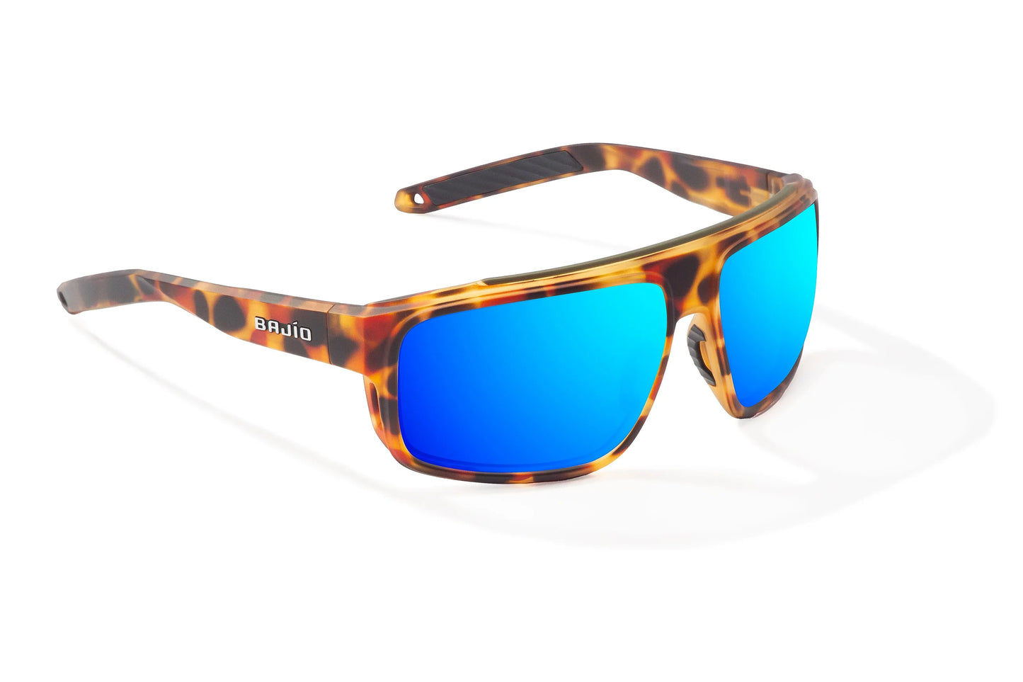 Bajío Greenland Sunglasses - Angled View, Green Water Matte Frame with Blue Mirror Lens