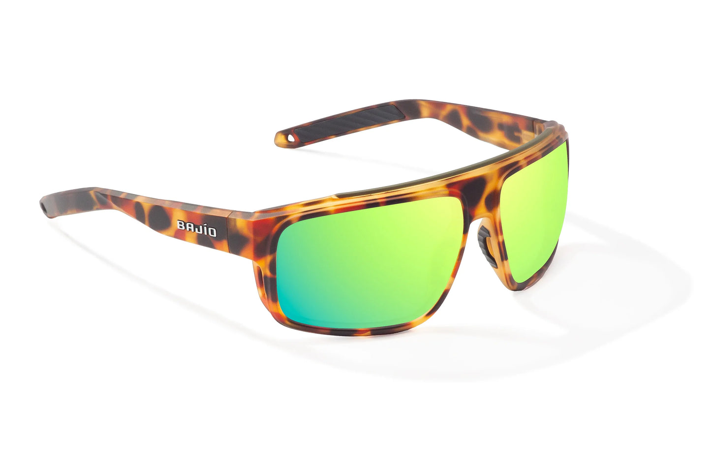 Bajío Greenland Sunglasses - Angled View, Green Water Matte Frame with Green Mirror Lens