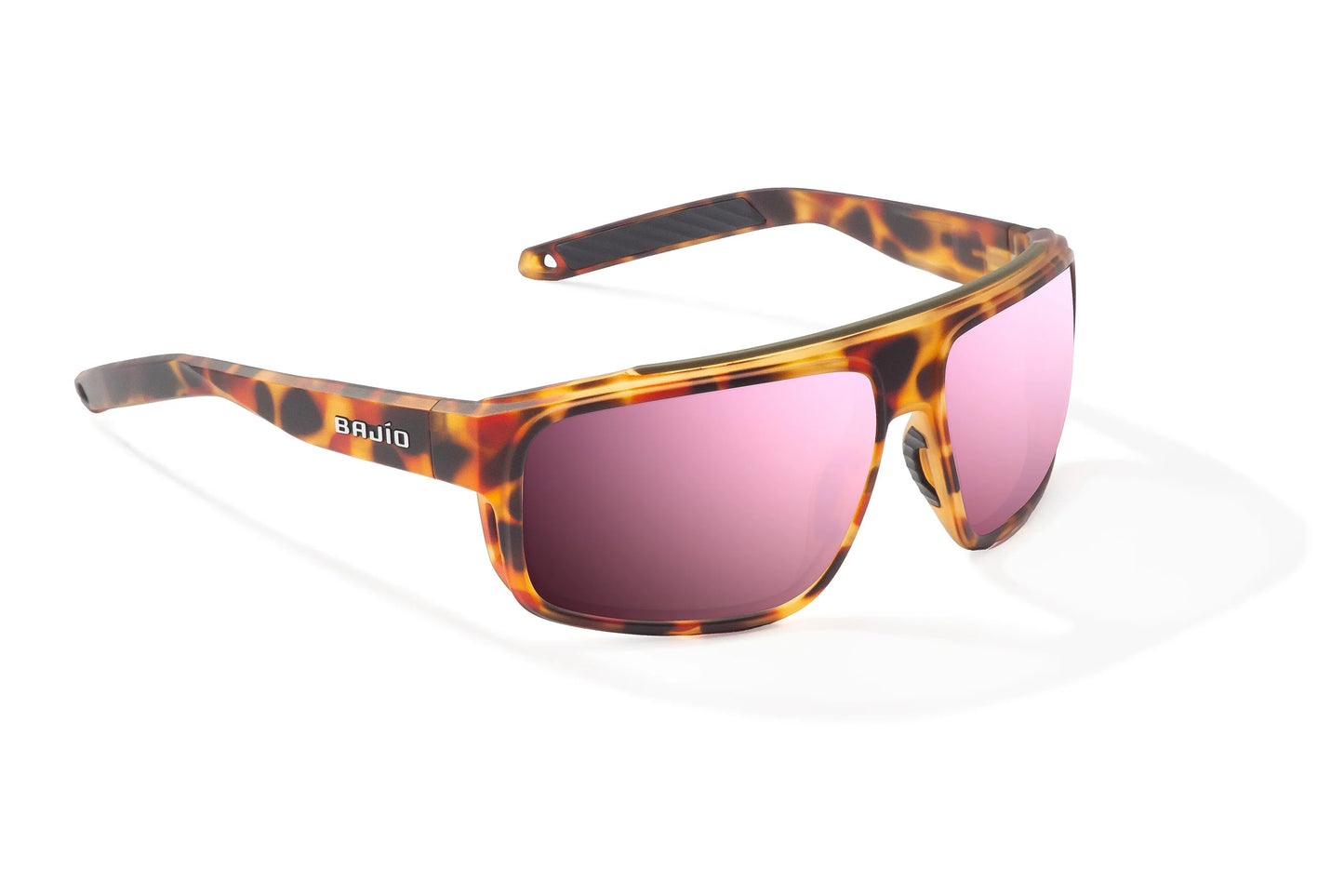 Bajío Greenland Sunglasses - Angled View, Green Water Matte Frame with Rose Mirror Lens