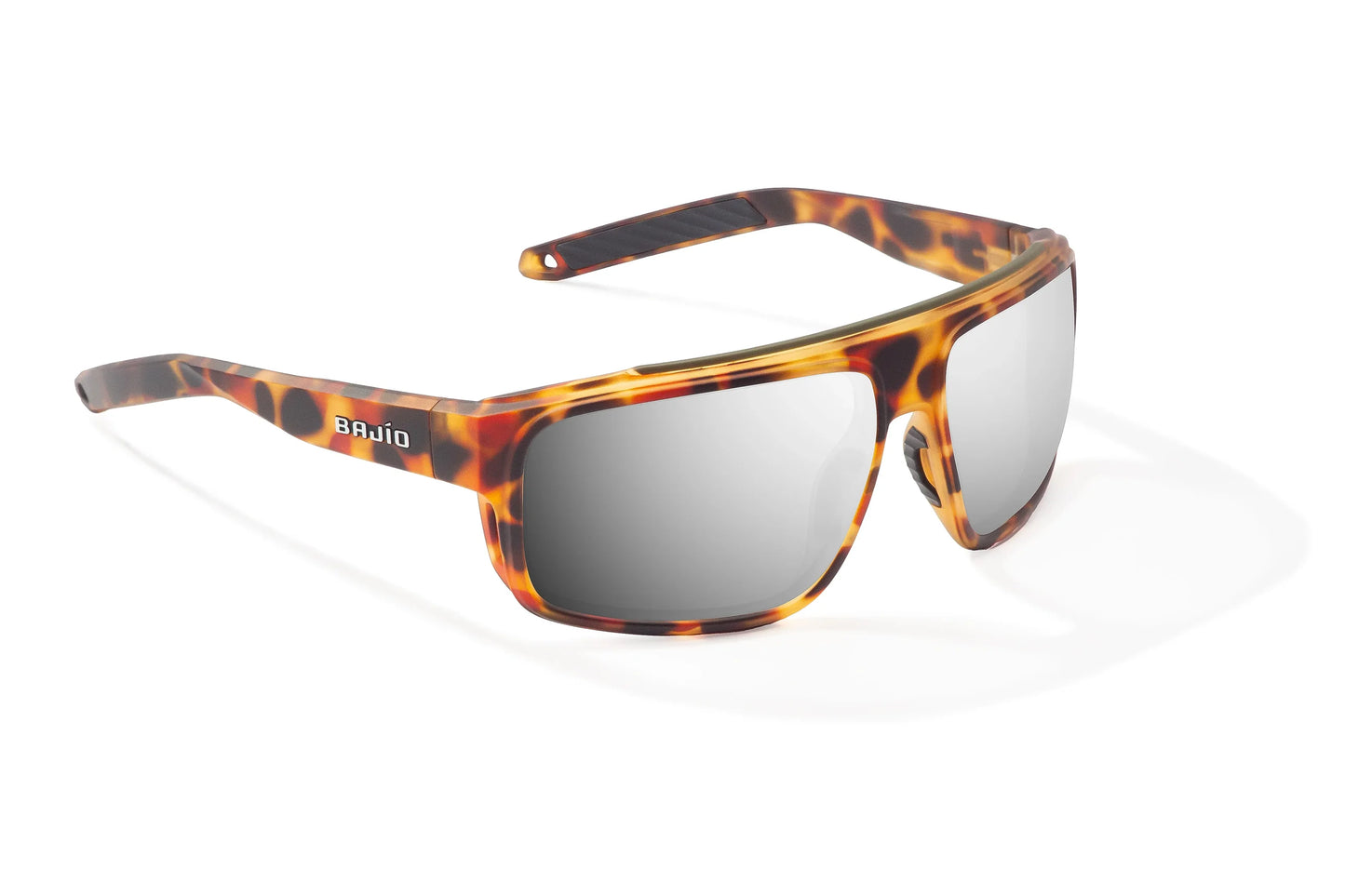 Bajío Greenland Sunglasses - Angled View, Green Water Matte Frame with Silver Mirror Lens