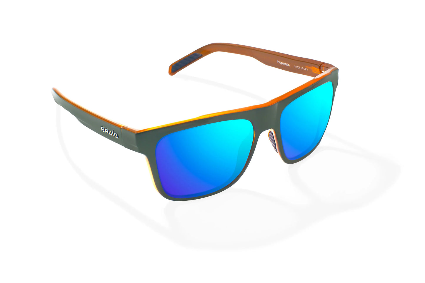 Hopedale Sunglasses - Angled View, Green Mango Gloss Frame with Blue Mirror Lens