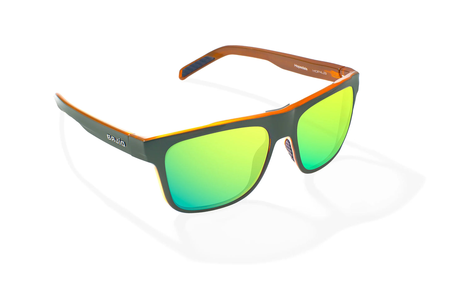 Hopedale Sunglasses - Angled View, Green Mango Gloss Frame with Green Mirror Lens