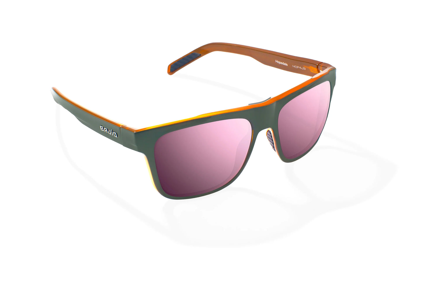 Hopedale Sunglasses - Angled View, Green Mango Gloss Frame with Rose Mirror Lens