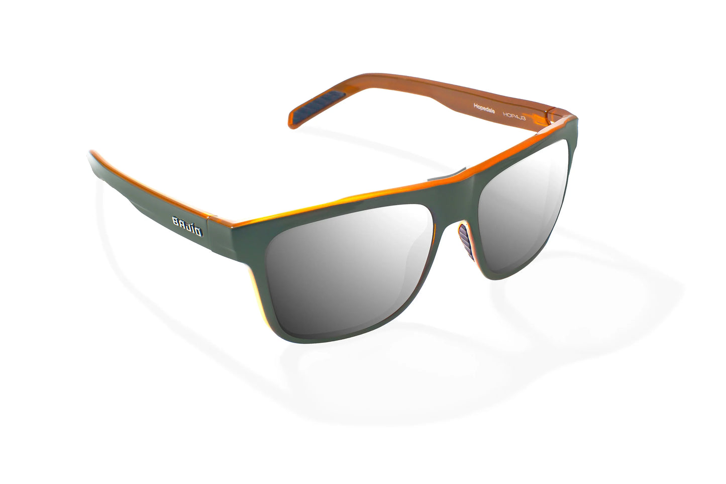 Hopedale Sunglasses - Angled View, Green Mango Gloss Frame with Silver Mirror Lens