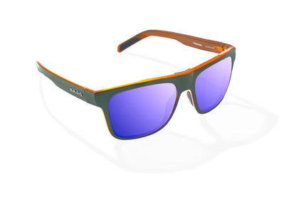 Hopedale Sunglasses - Angled View, Green Mango Gloss Frame with Violet Mirror Lens