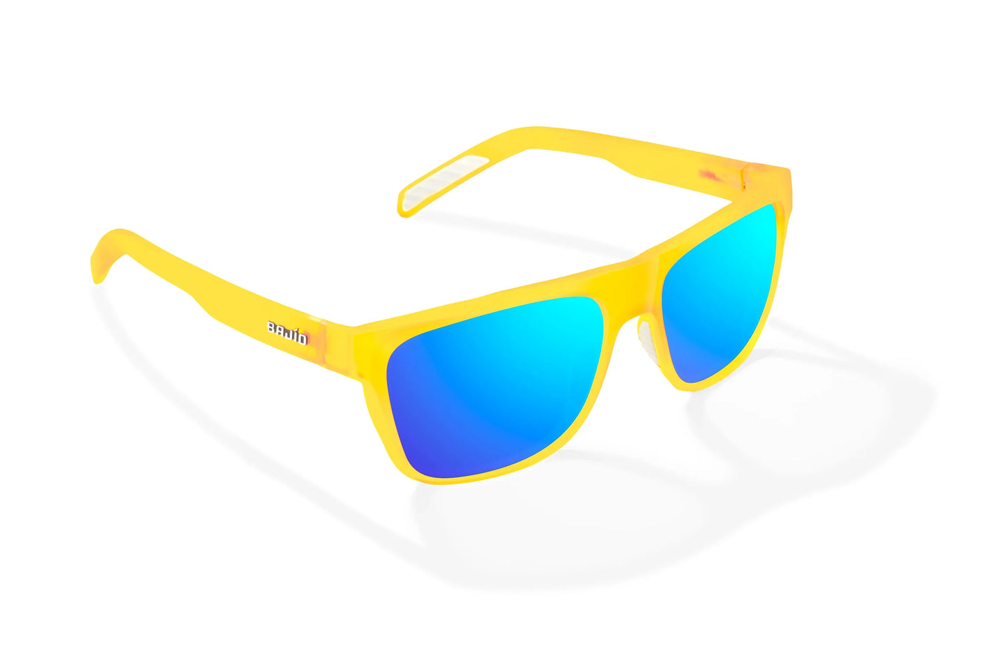 Hopedale Sunglasses - Angled View, Yellow Glass Matte Frame with Blue Mirror Lens