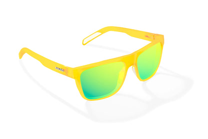 Hopedale Sunglasses - Angled View, Yellow Glass Matte Frame with Green Mirror Lens