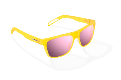 Hopedale Sunglasses - Angled View, Yellow Glass Matte Frame with Rose Mirror Lens