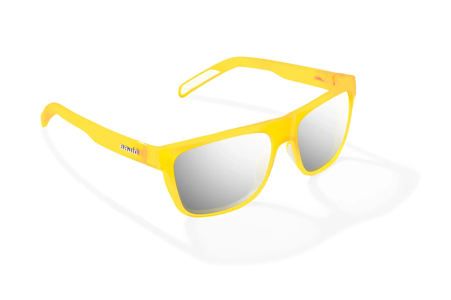 Hopedale Sunglasses - Angled View, Yellow Glass Matte Frame with Silver Mirror Lens