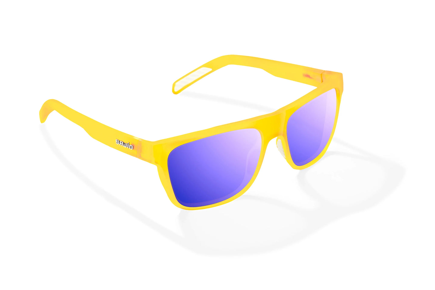 Hopedale Sunglasses - Angled View, Yellow Glass Matte Frame with Violet Mirror Lens