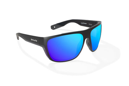 Bajio Las Rocas Sunglasses - Angled View, Black Matte Frame with Blue Mirror Lens