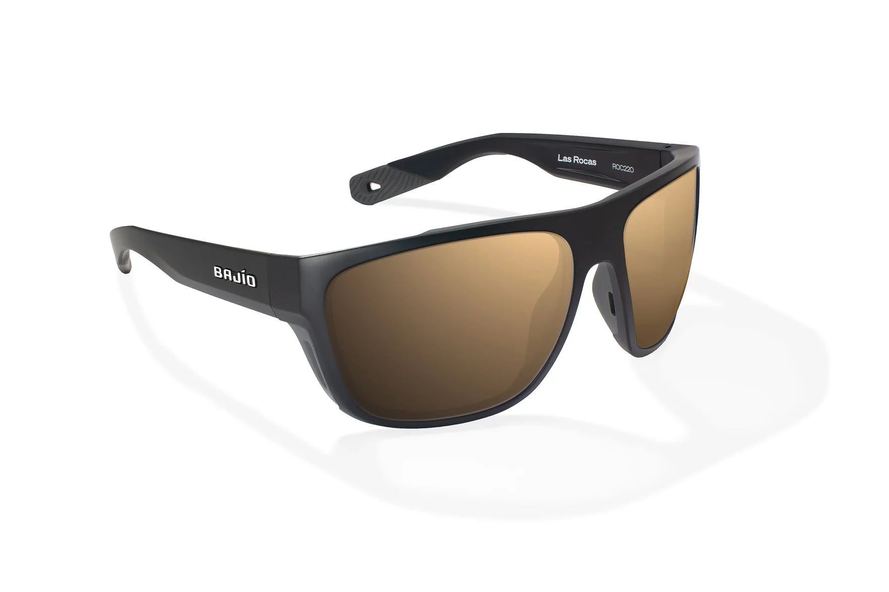 Bajio Las Rocas Sunglasses - Angled View, Black Matte Frame with Copper Lens