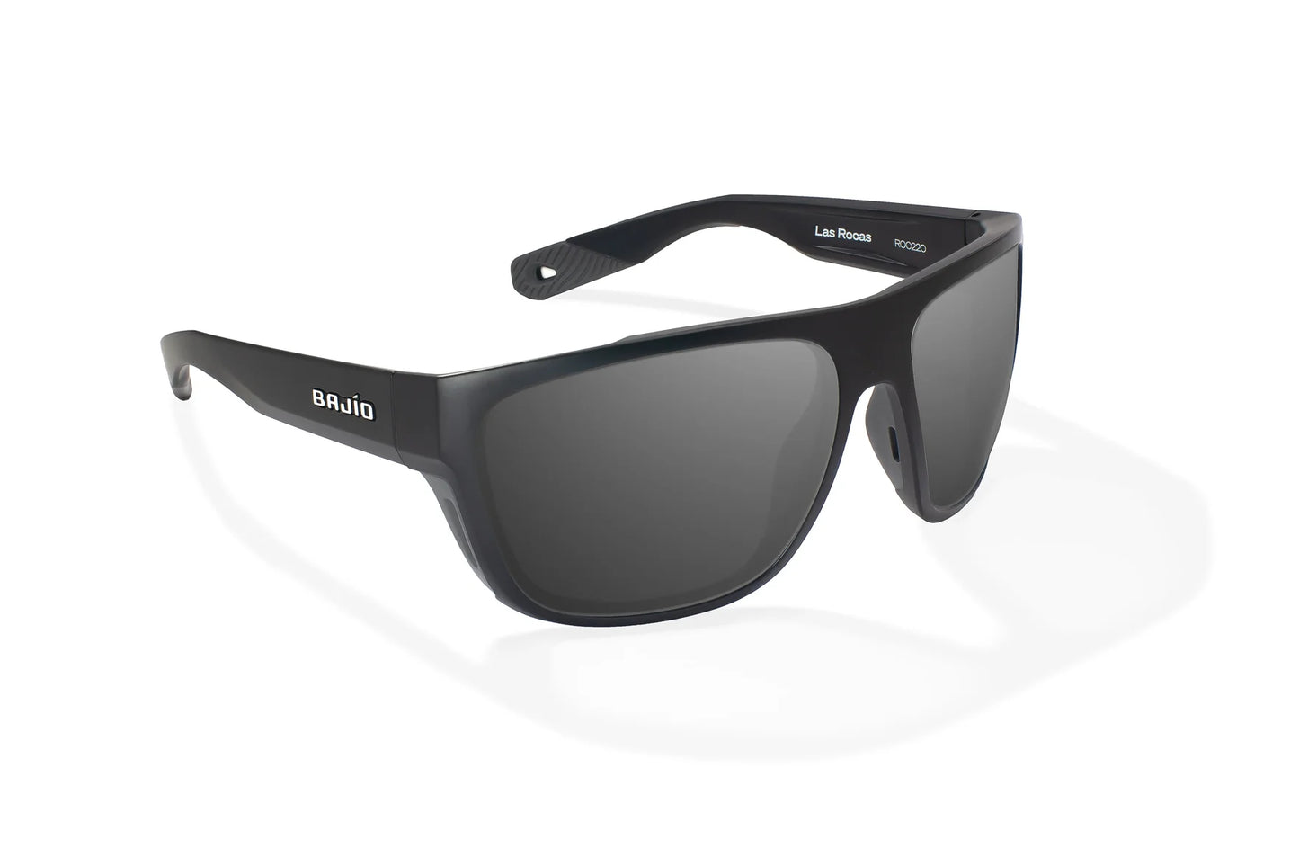 Bajio Las Rocas Sunglasses - Angled View, Black Matte Frame with Gray Lens