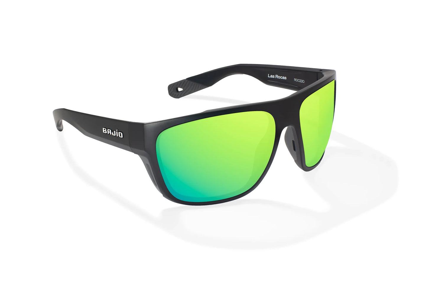 Bajio Las Rocas Sunglasses - Angled View, Black Matte Frame with Green Mirror Lens