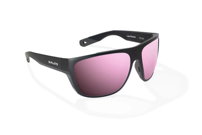 Bajio Las Rocas Sunglasses - Angled View, Black Matte Frame with Rose Mirror Lens