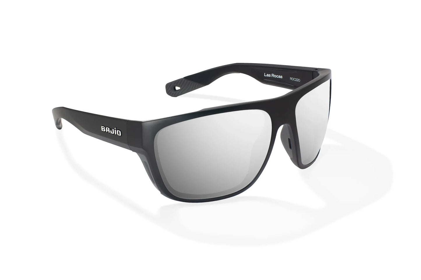 Bajio Las Rocas Sunglasses - Angled View, Black Matte Frame with Silver Mirror Lens