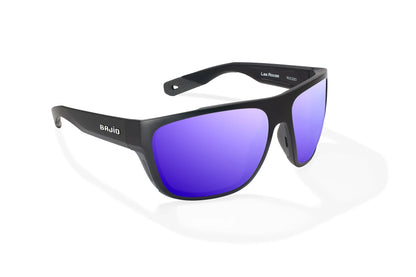 Bajio Las Rocas Sunglasses - Angled View, Black Matte Frame with Violet Mirror Lens