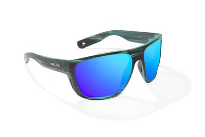 Bajio Las Rocas Sunglasses - Angled View, Blue Grass Matte Frame with Blue Mirror Lens