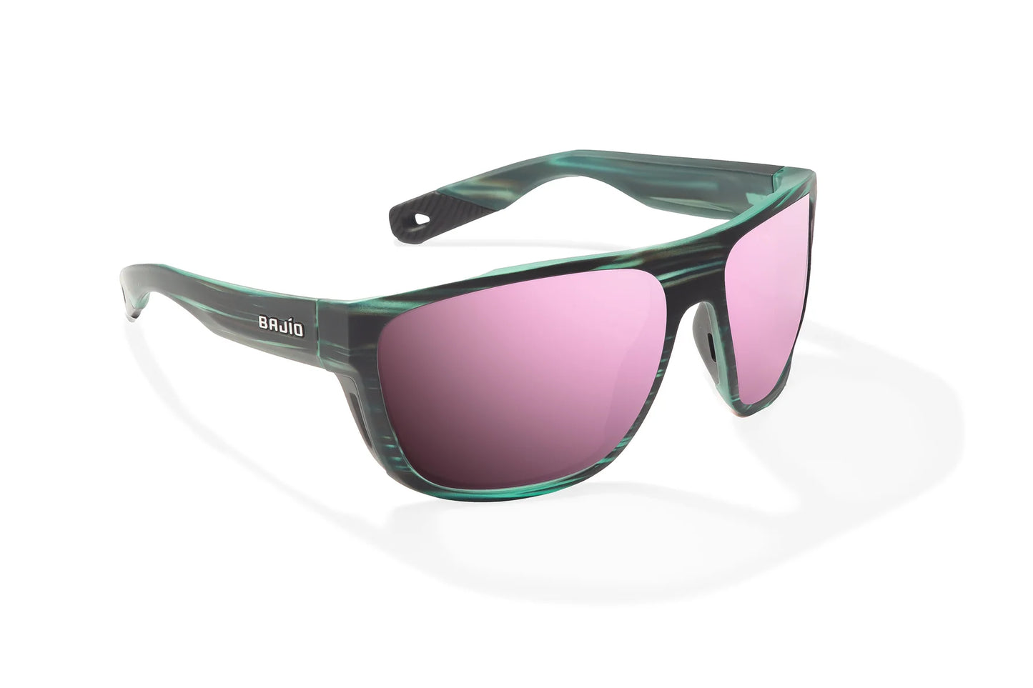 Bajio Las Rocas Sunglasses - Angled View, Blue Grass Matte Frame with Rose Mirror Lens