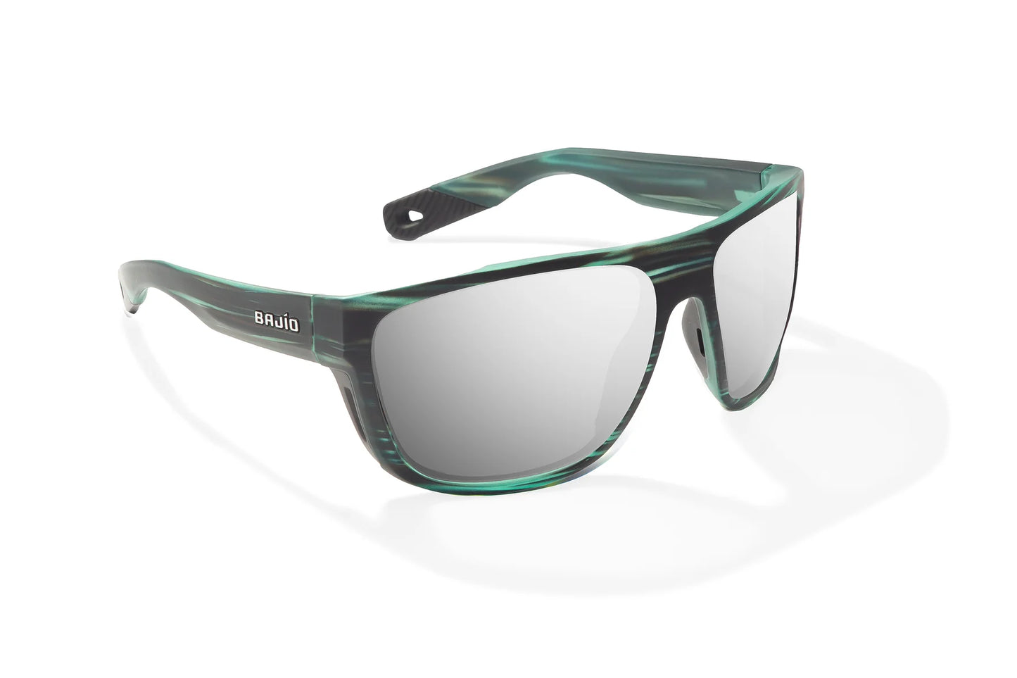 Bajio Las Rocas Sunglasses - Angled View, Blue Grass Matte Frame with Silver Mirror Lens
