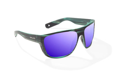 Bajio Las Rocas Sunglasses - Angled View, Blue Grass Matte Frame with Violet Mirror Lens