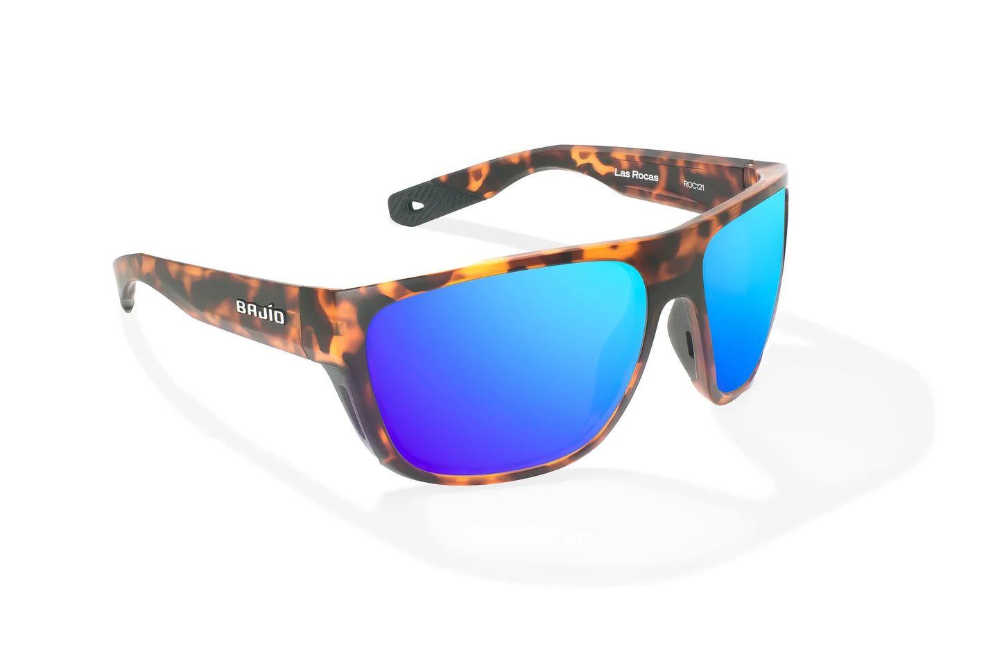 Bajio Las Rocas Sunglasses - Angled View, Brown Tortoise Matte Frame with Blue Mirror Lens
