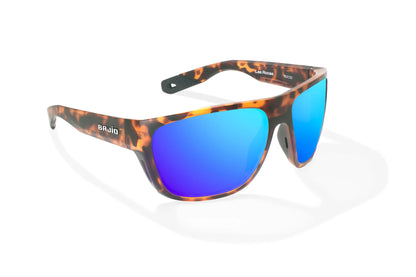 Bajio Las Rocas Sunglasses - Angled View, Brown Tortoise Matte Frame with Blue Mirror Lens