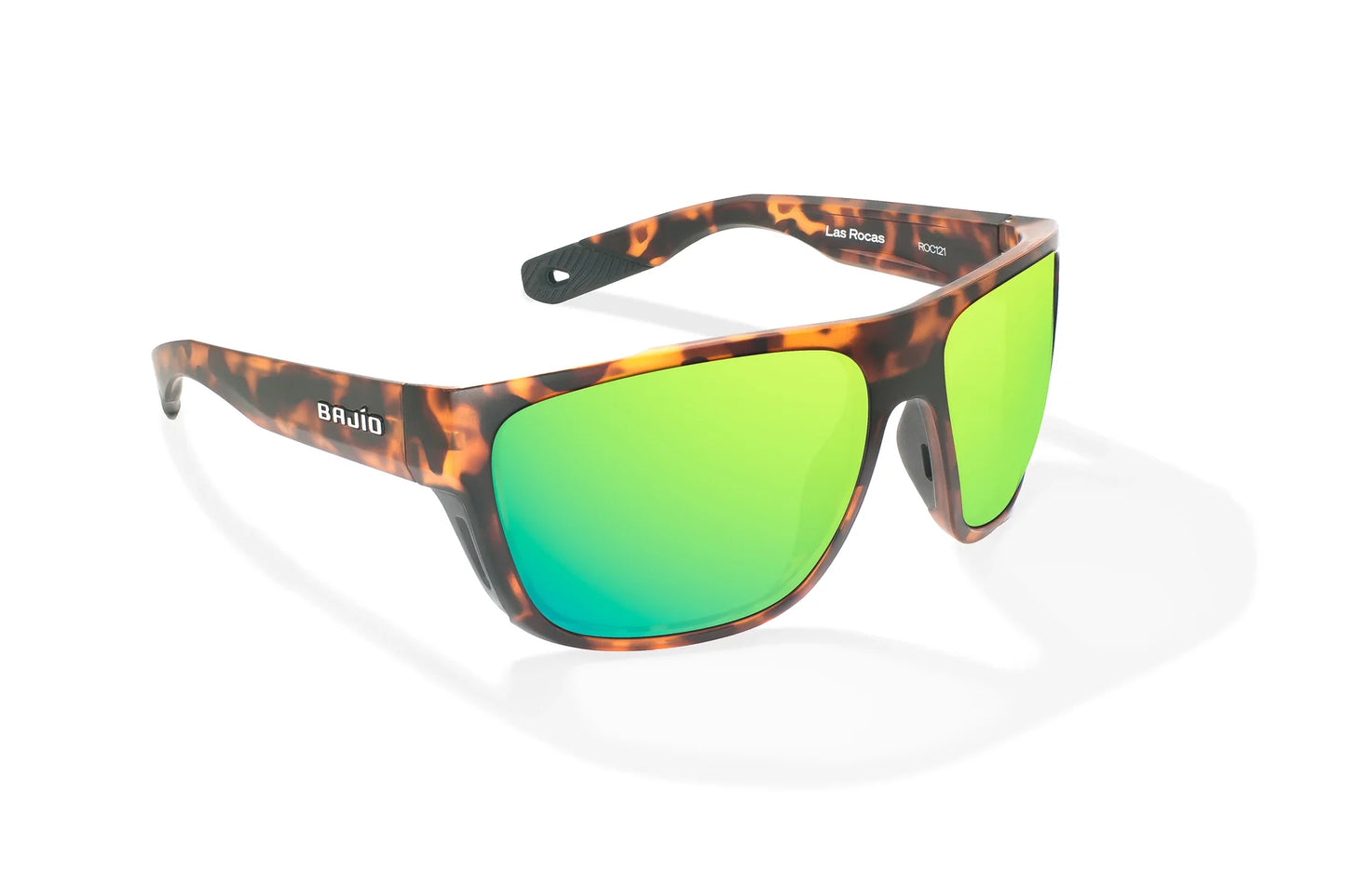 Bajio Las Rocas Sunglasses - Angled View, Brown Tortoise Matte Frame with Green Mirror Lens