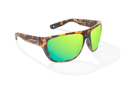 Bajio Las Rocas Sunglasses - Angled View, Brown Tortoise Matte Frame with Green Mirror Lens