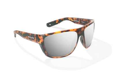 Bajio Las Rocas Sunglasses - Angled View, Brown Tortoise Matte Frame with Silver Mirror Lens