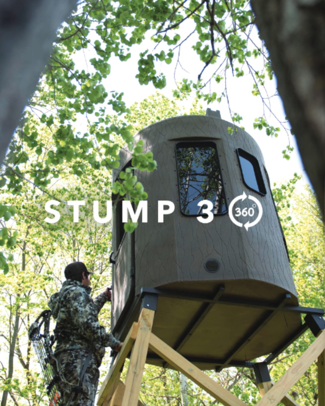 the Stump 3 hunting blind with man climbing 