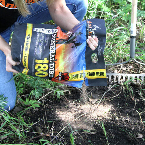Man pouring a bag of Mineral Dirt 180 onto plot